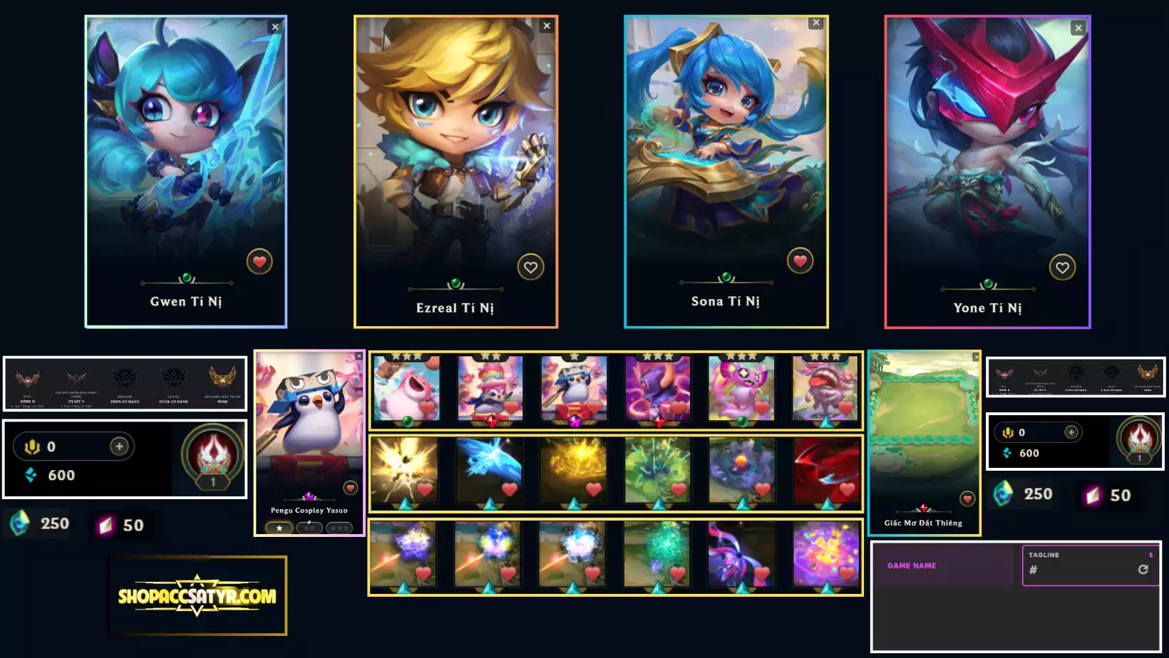 GWEN TÍ  NỊ EZREAL TÍ NỊ  SONNA TÍ NỊ YONE TÍ NỊ NHIỀU PET 3 SAO SÂN ĐỎ VÀ NHIỀU CHƯỞNG LỰC CÓ CHƯỞNG LỰC TRỪNG PHẠT CÒN ĐỔI TÊN